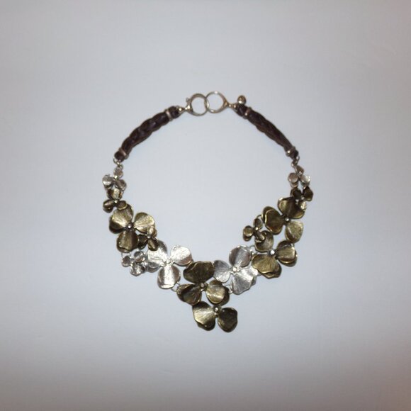 Fossil Flower Necklace Leather Silver Bronze Tone 16'' CZ Sparkle - Picture 3 of 12